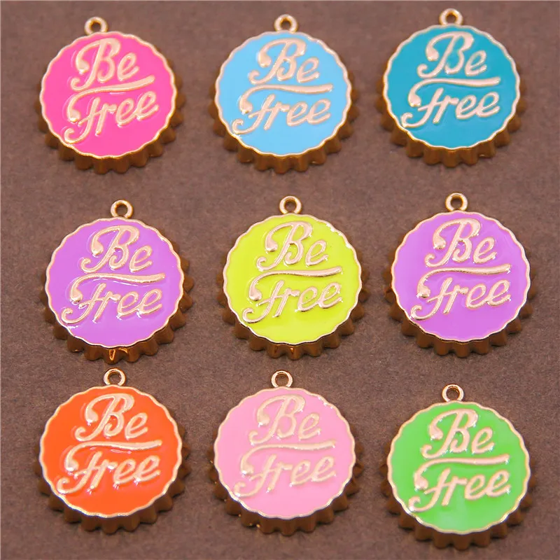 6Pcs Dainty Enamel Letter Be Free Round Bottle Cap Shape Pendant/Charm, Daint Medallion Charm, Necklace Bracelet Charm Accessori
