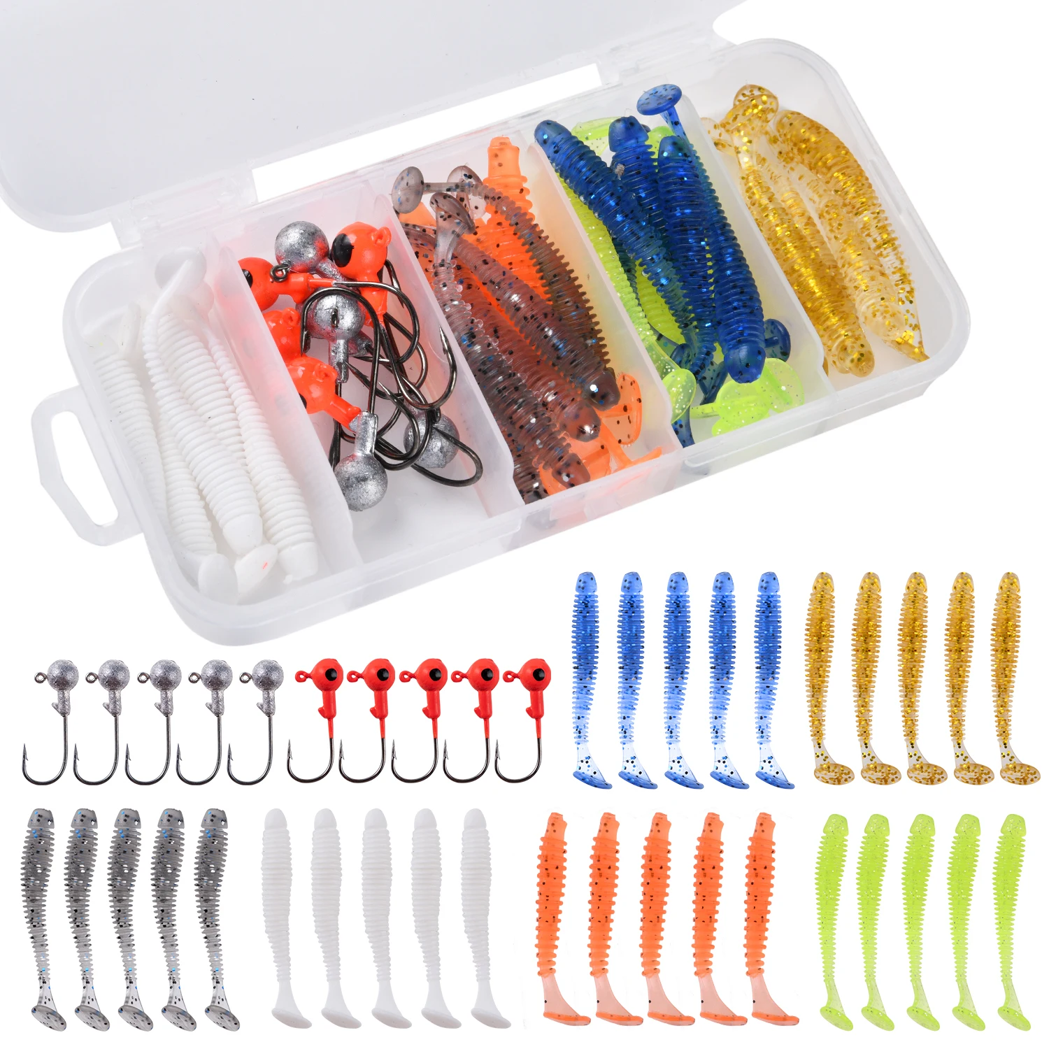 Goture 40pcs Lead Jig Head Hook Fishing Lure Set Soft bait 5cm 0.7g With Hook Artificial Rubber Baits Bass for Carp Pike Zander