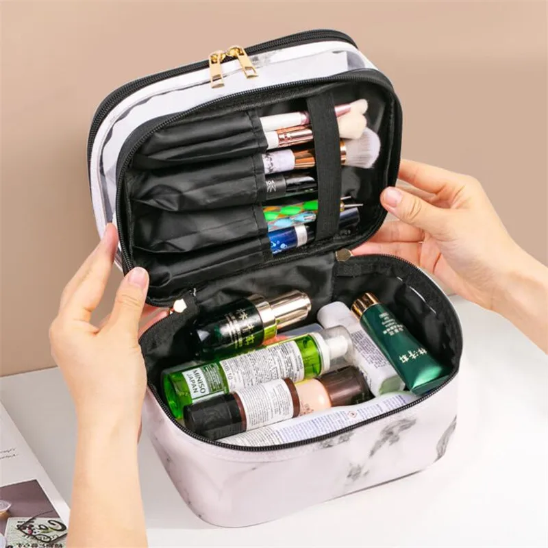 Large Capacity Makeup Bag For Women Transparent Pvc Double Layer Storage Wash Cosmetic Bag Waterproof Organizer Toiletry Cases