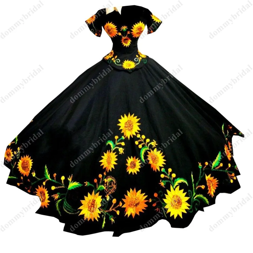 Vestido De Anos 15 16 ragazze fantasia sole fiore ricamo a buon mercato 2023 nero Quinceanrea abiti da ballo messicano charo Off spalla