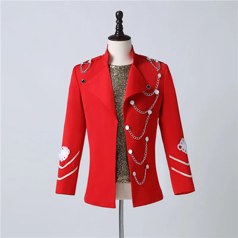 Punk Men Singer Guest Red Chain Blazer Stage Costume Stand Collar Slim Fit Suit Jacket Bar Nightclub Concert Performance Coat