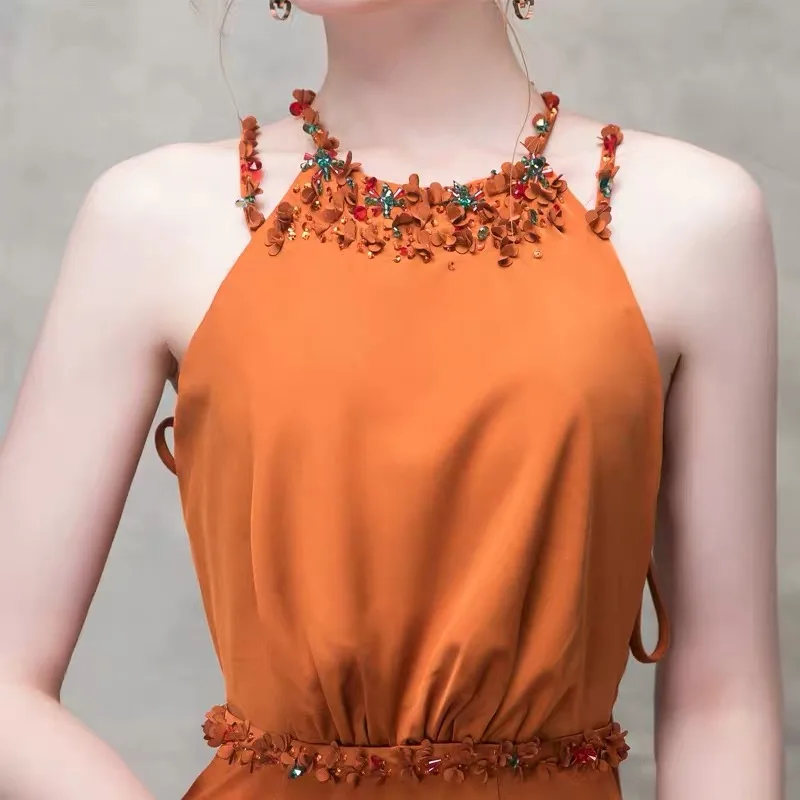 tailor shop evening gown dramatic dress burn orange color dress seamstress shop beading sequins dress custom can make any design