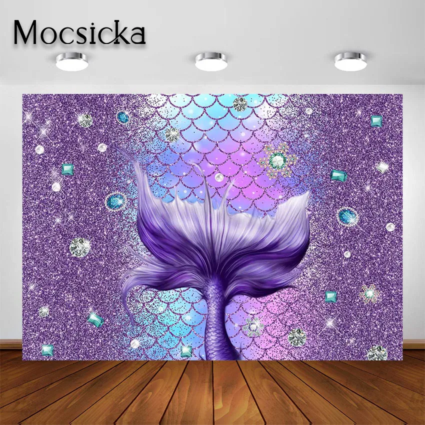 Mocsicka Mermaid Backdrop Tail Glitter Purple Pink Mermaid Party Photo Background Baby Shower Birthday Party Decorations Banner