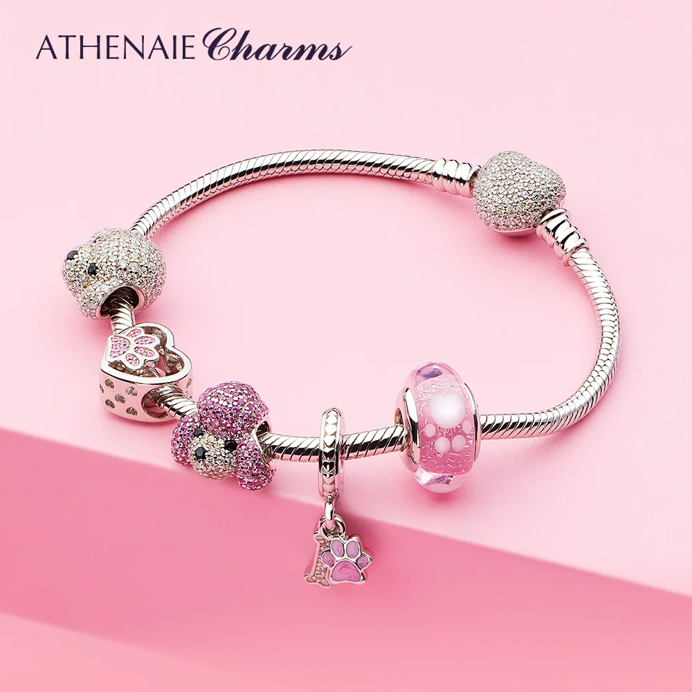 ATHENAIE 925 Sterling Silver Sparkling CZ Lovely Pet Paw Prints Heart Charms for European Bracelet Necklace Jewelry