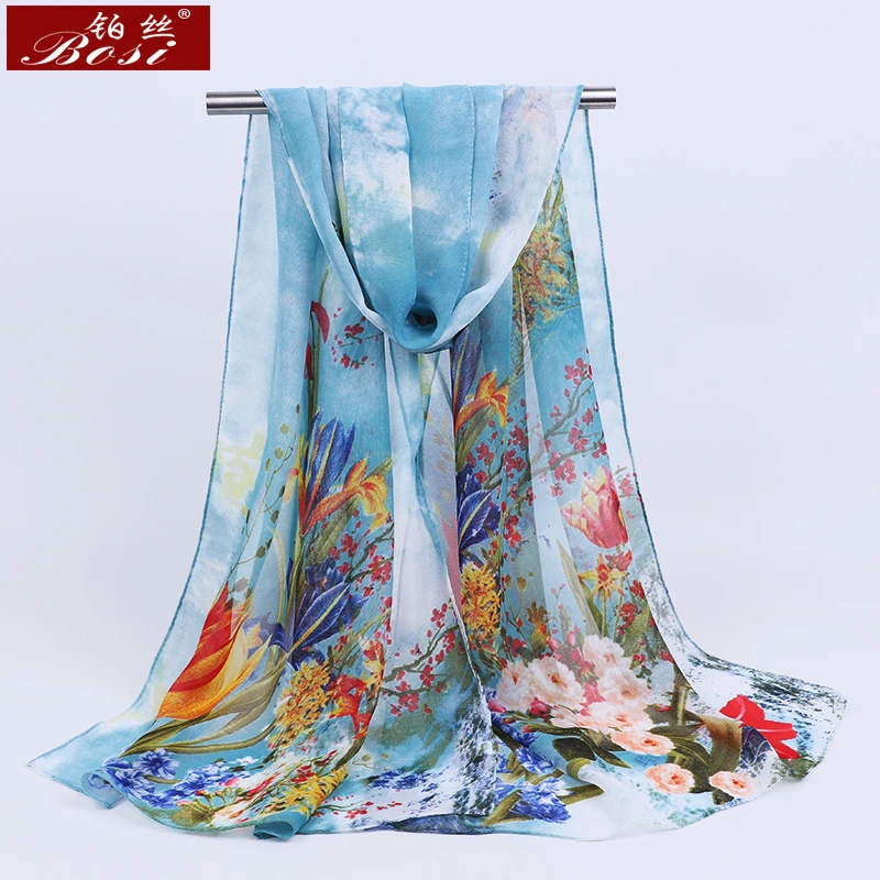 Bufanda de gasa con estampado de flores para mujer, chales finos de seda, estolas de Hijab con estampado azul, venta al por mayor, novedad,