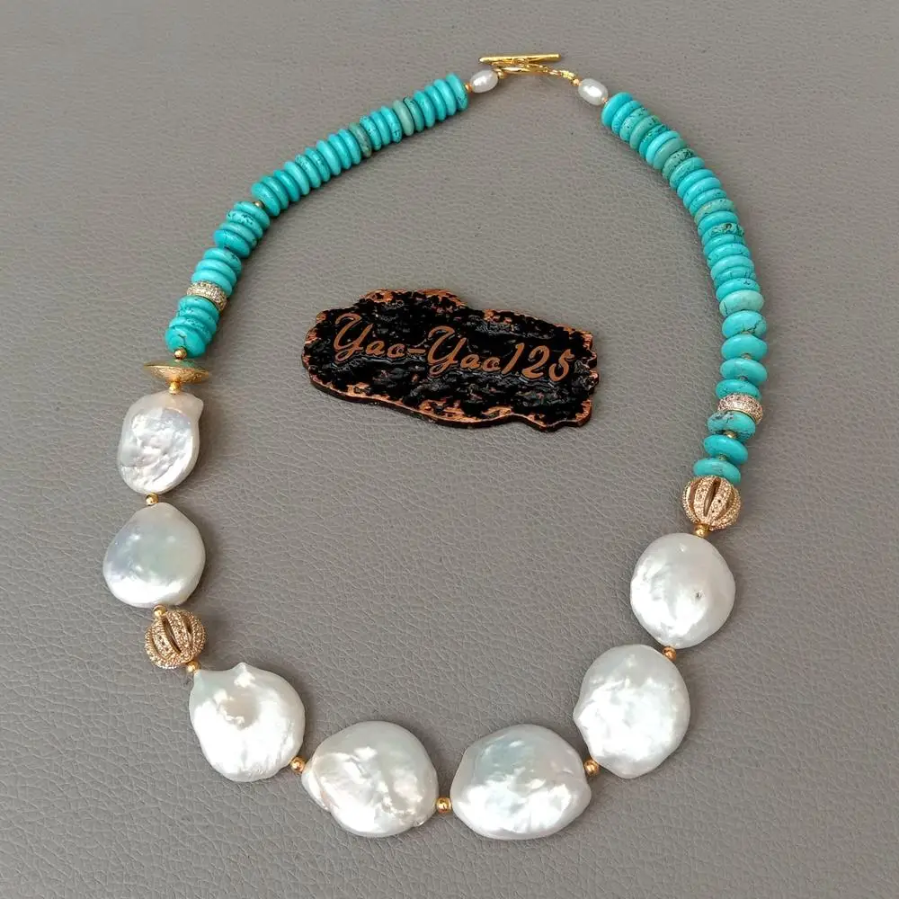 

YYGEM 20" Blue Turquoise rondelle Freshwater White Coin KeShi Pearl choker Necklace ethnic party for Women gift