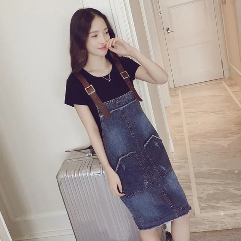 Size Plus S-5XL Women Denim Straps Dress Korean Style Casual Straight A Line Dresses Loose Fit Knee Length Summer Dress Female