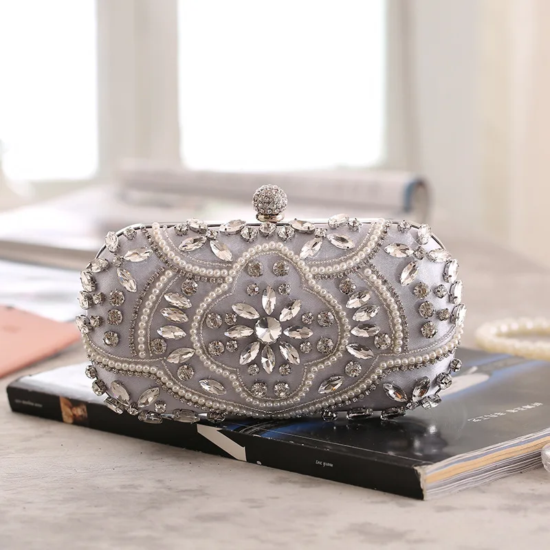 Women\'s Evening Clutch Bag Party Purse Luxury Wedding Clutches For Bridal Exquisite Crystal Ladies Handbag Apricot Silver Wallet