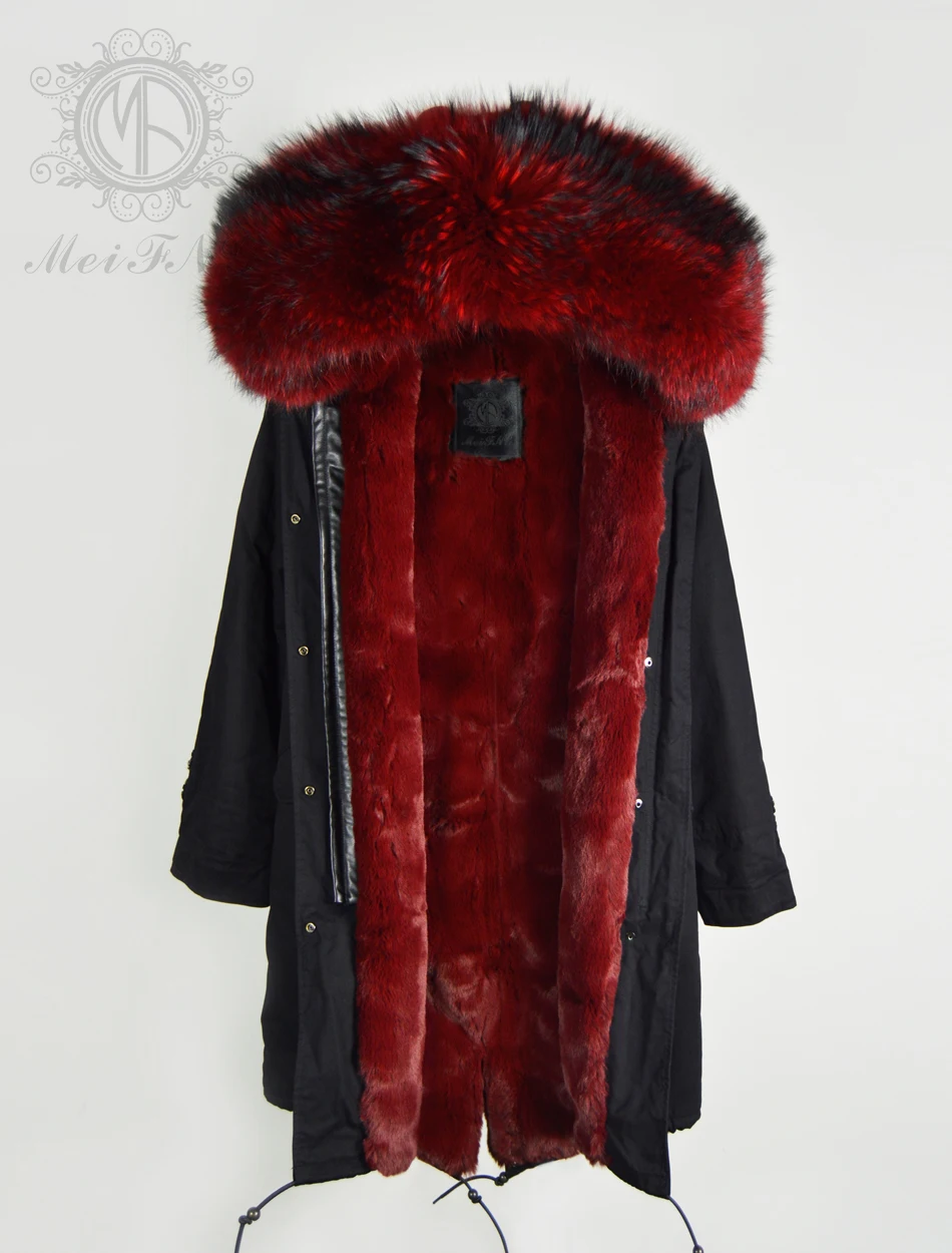 Parka larga de piel sintética para mujer, de mapache abrigo de piel, color rojo vino, color negro con cuentas, Invierno