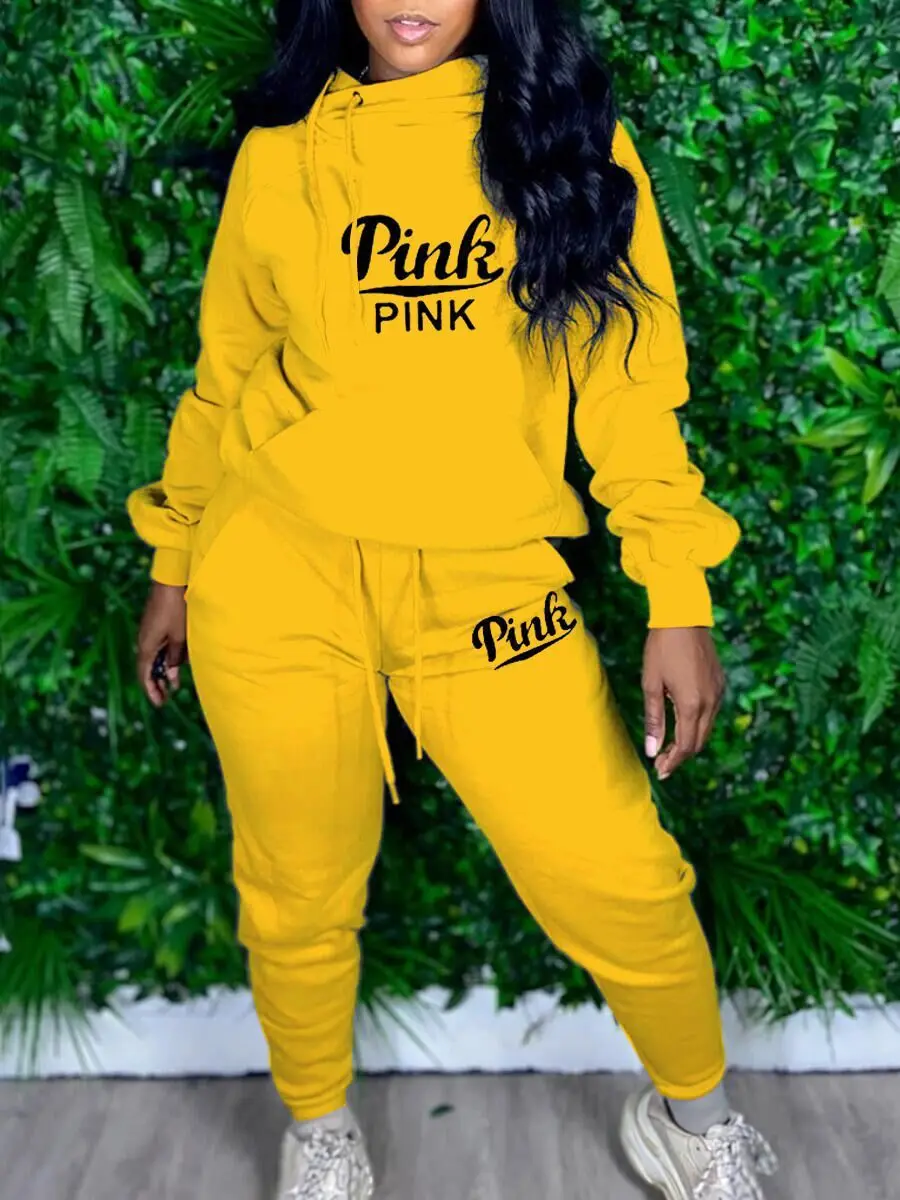 Street Tracksuit Pink Letter Sweatsuit Women\'s Set Skew Hooded Sweatshirt Jogger Pants Set Active Two Piece Set Outfits