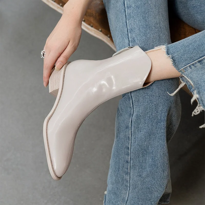 MEZEREON Woman Boots Cowhide Leather Western Ankle Boots Pointed Toe Women Shoe Handmade British Style White Shoes zapatos mujer