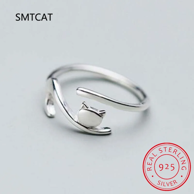 925 Sterling Silver Sticky Cat with Long Tail Finger Ring Women Ring Adjustable Engagement Ring Jewelry anillos De Prata SCR220