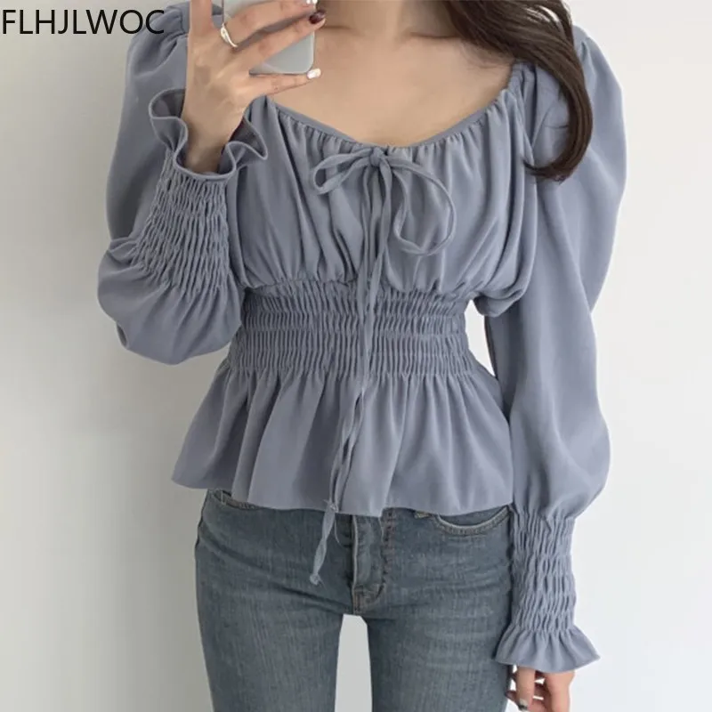 Chic Korea Off Shoulder topy Blusas kobiety 2021 wiosna Solid Color muszka wąska talia linia Belly Peplum krótkie bluzki bluzki