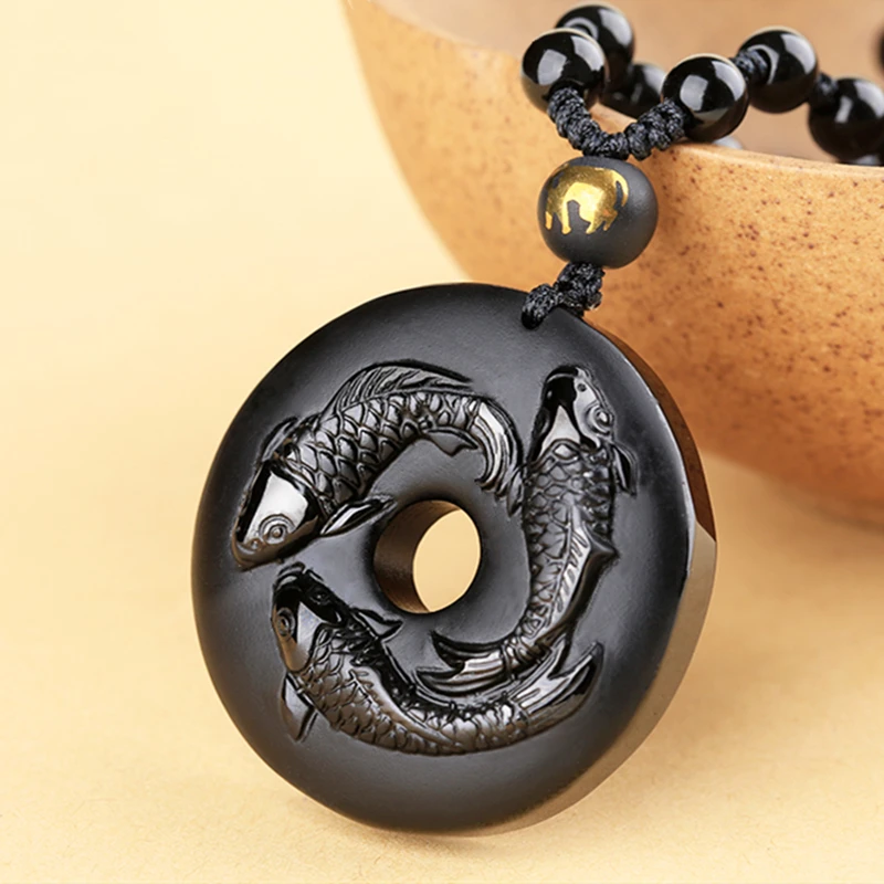 Natural Obsidian Three Carp Circle Necklace Pendant Hand-carved Black Gem Donut Lucky Amulet Unique Gift