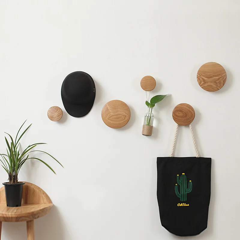 Wooden Round Shape Wall Hanging Hooks for Hat Towel Clothing Wood Hanger Punch Screw Install for Living Room Bedroom Decoration