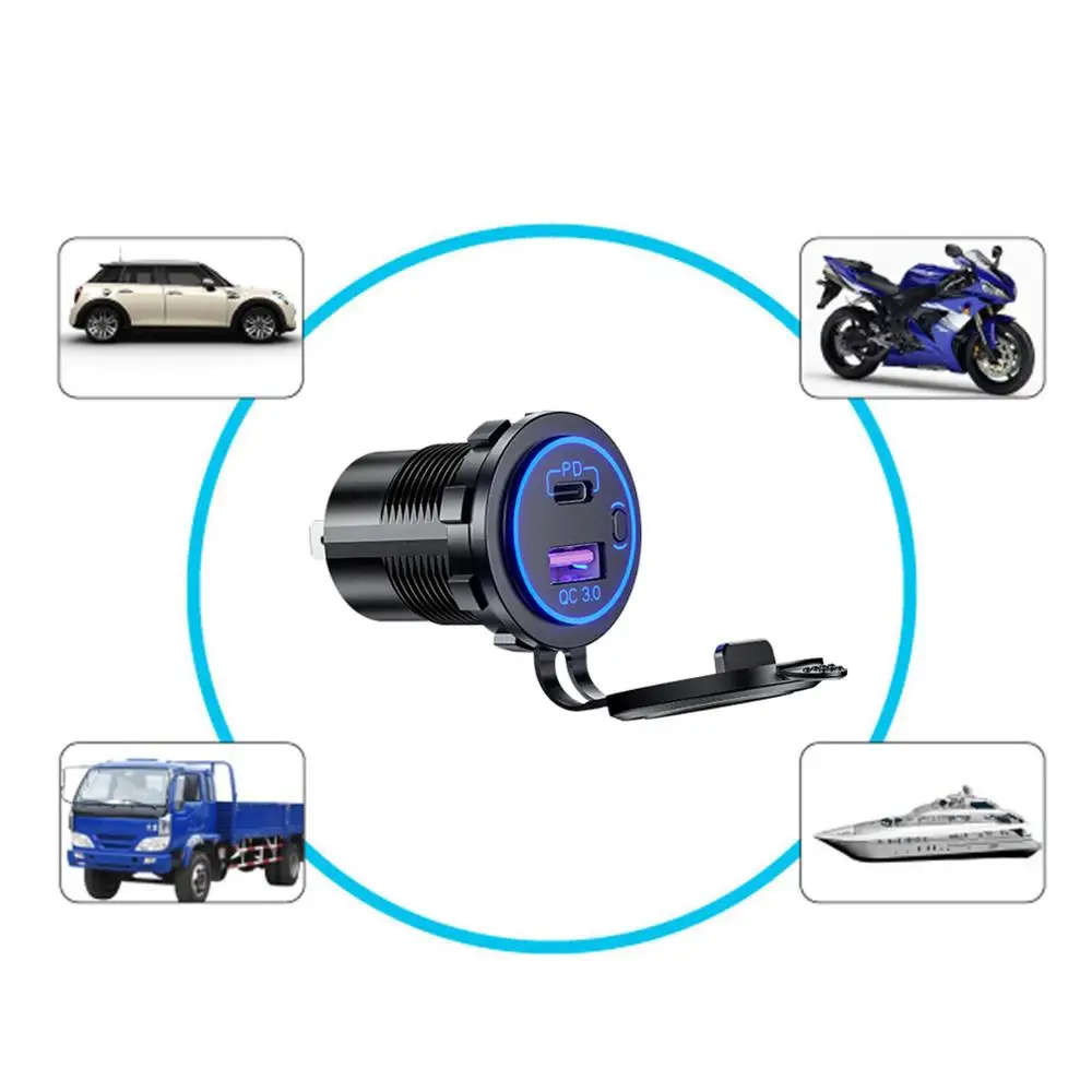 防水12v 24v QC3.0 usbタイプc pd高速車の充電器の電源スイッチとトラックオートバイマリンボートsuv atv携帯電話
