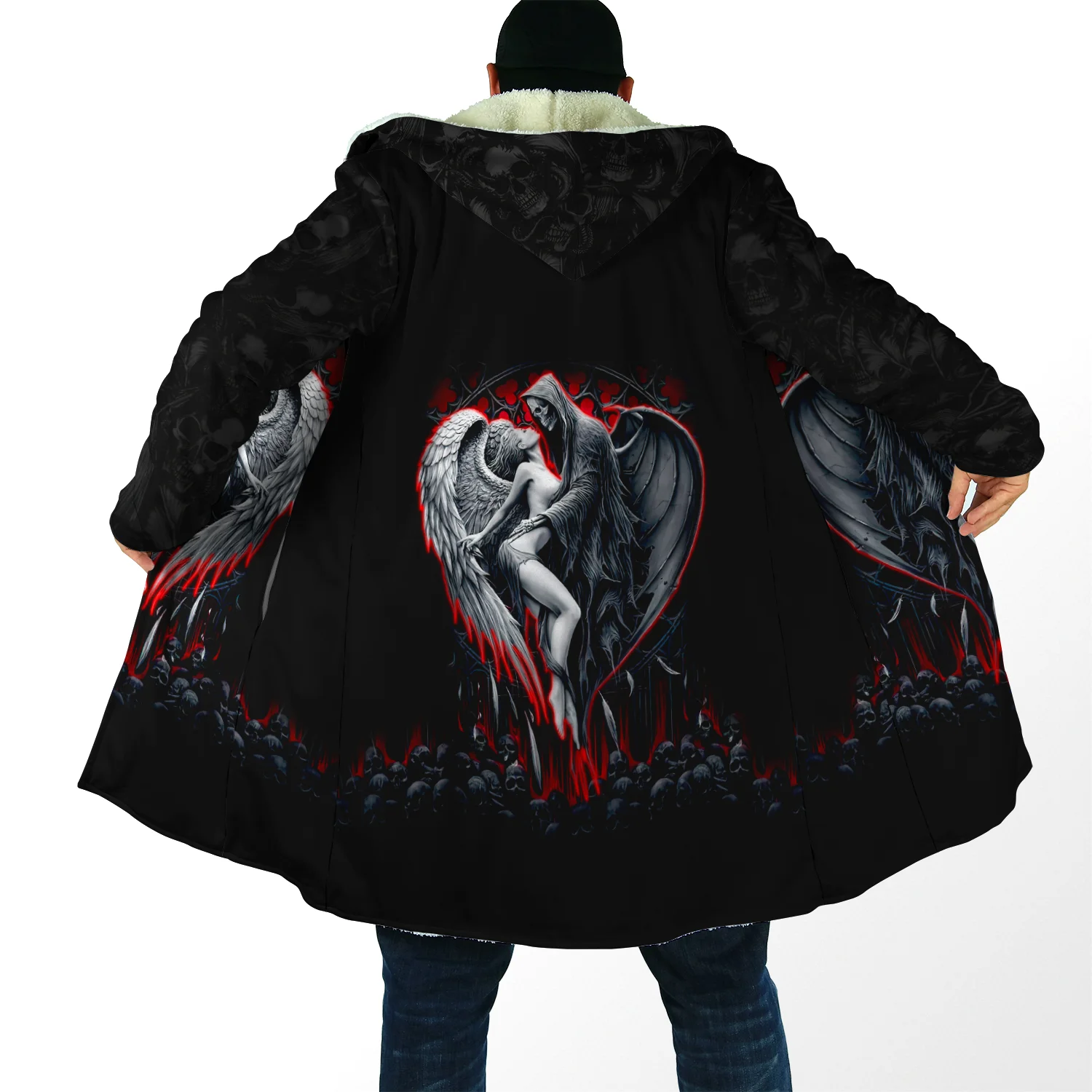 

Winter Mens Hooded cloak Reaper Skull Angel And Demon 3D Printing Fleece wind breaker Unisex Casual Thick Warm Hood cloak PF10