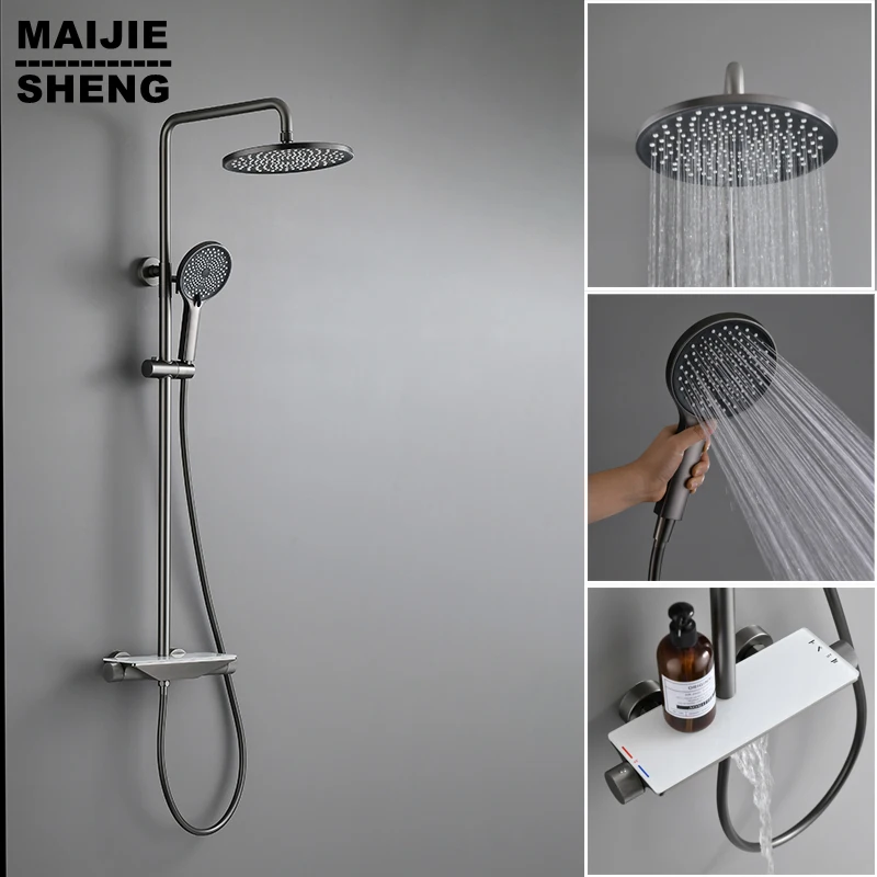 

Gun Grey Thermostatic Shower Faucet Set Rainfall Multiple Types Waterfall Bathtub Tap With High Spray Bathroom Fauct