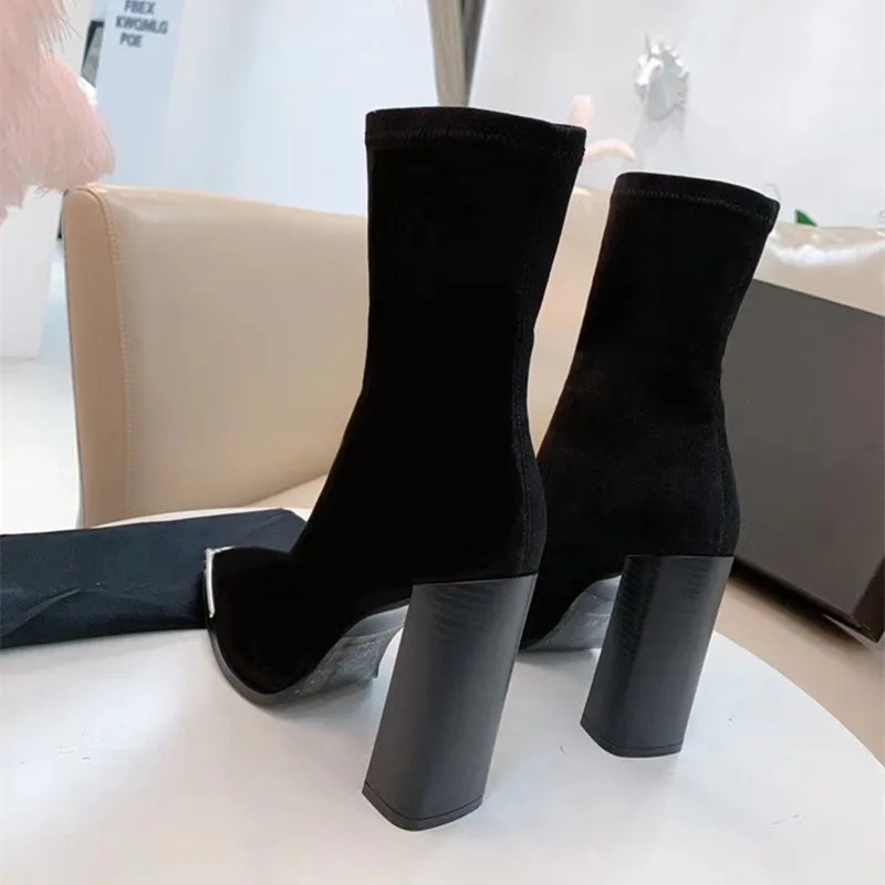 Autumn / Winter Square Head Metal Toe 9cm High Heel Short Boots Women Thick Heel Medium Tube Elastic Socks Boots Boots