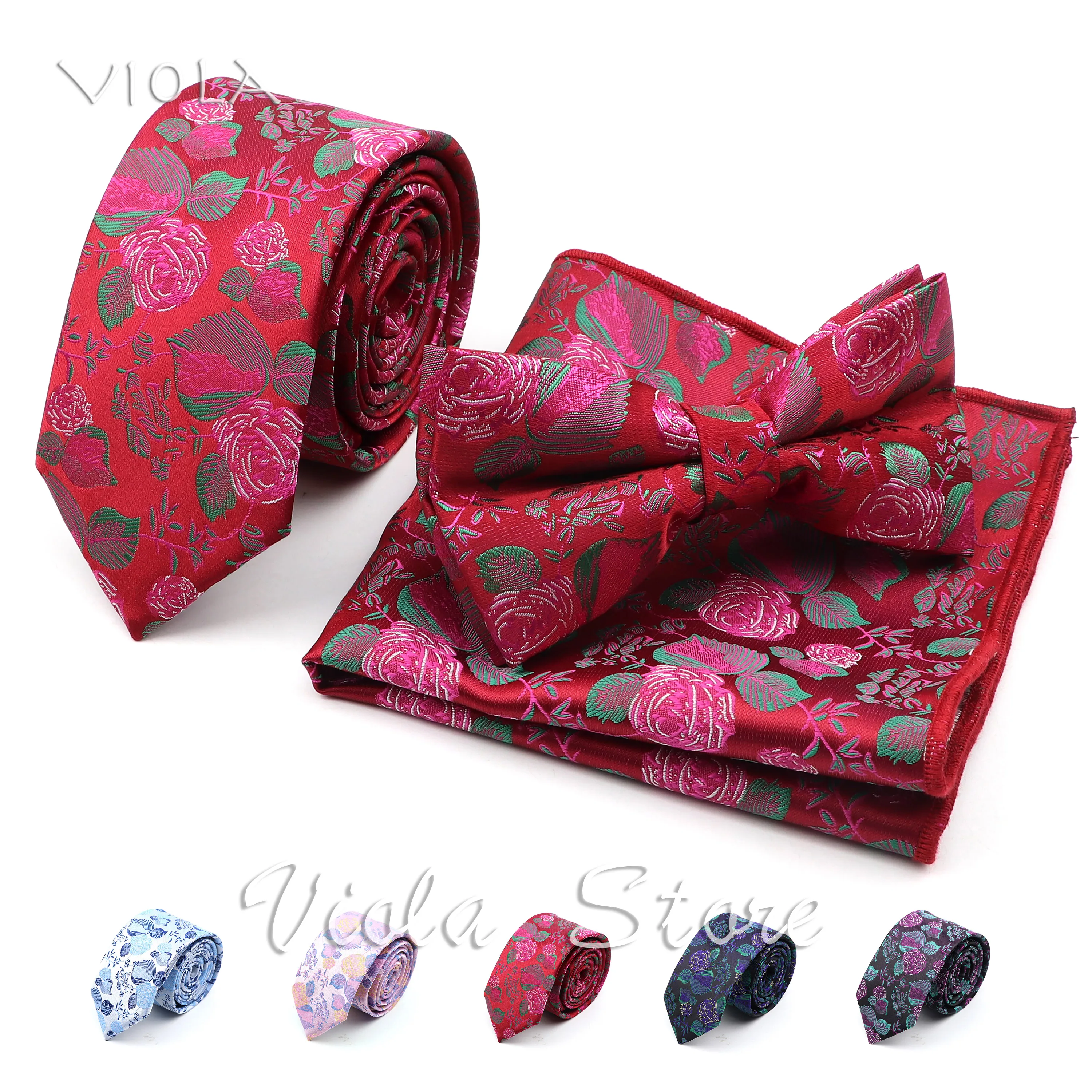 

Floral Jacquard Blue Red Purple 6cm Necktie Sets Men Bow Tie Pocket Square Butterfly Wedding Handkerchief Cravat Gift Accessory