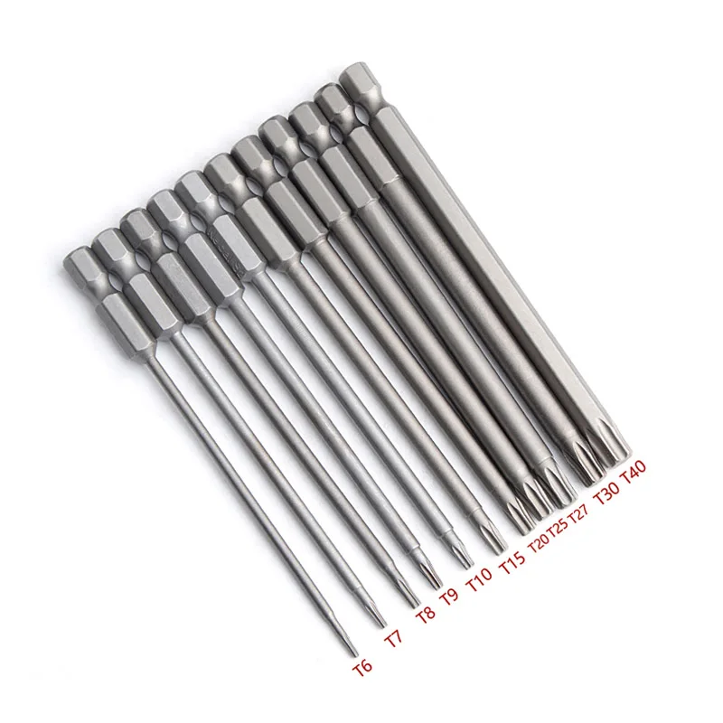 10pcs 1/4 Hex Shank Magnetic Star Torx Screwdriver bit 100mm Length T6 T7 T8 T9 T10 T15 T20 T25 T27 T30 T40 Tool Exact Screw