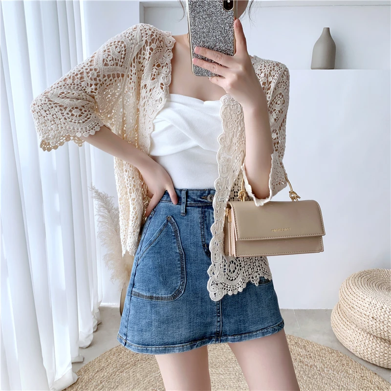 

2023 Korean Women Follower Sexy Hollow Out Knitted Cardigan Slim Vintage Lace All-Match T-Shirt Ladies Apricot White Crop Tops