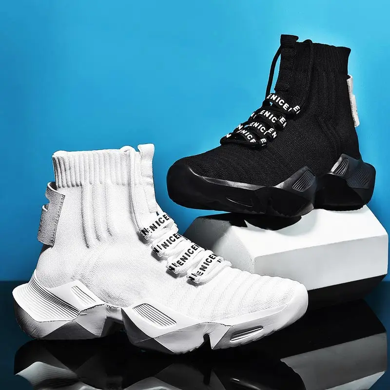 Mais tamanho de alta superior massive sports sock boot masculino meias tênis corrida sapatos esportivos brancos sapatos masculinos malha ginásio