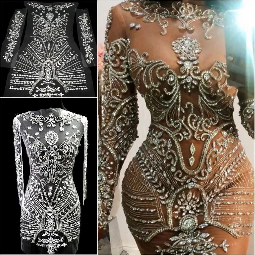 

Hand Made Custom Wedding Pageant Ball Dress Sew on Rhinestones Crystal For Diy Designer Tailored Patch Appliqued Bodice silver