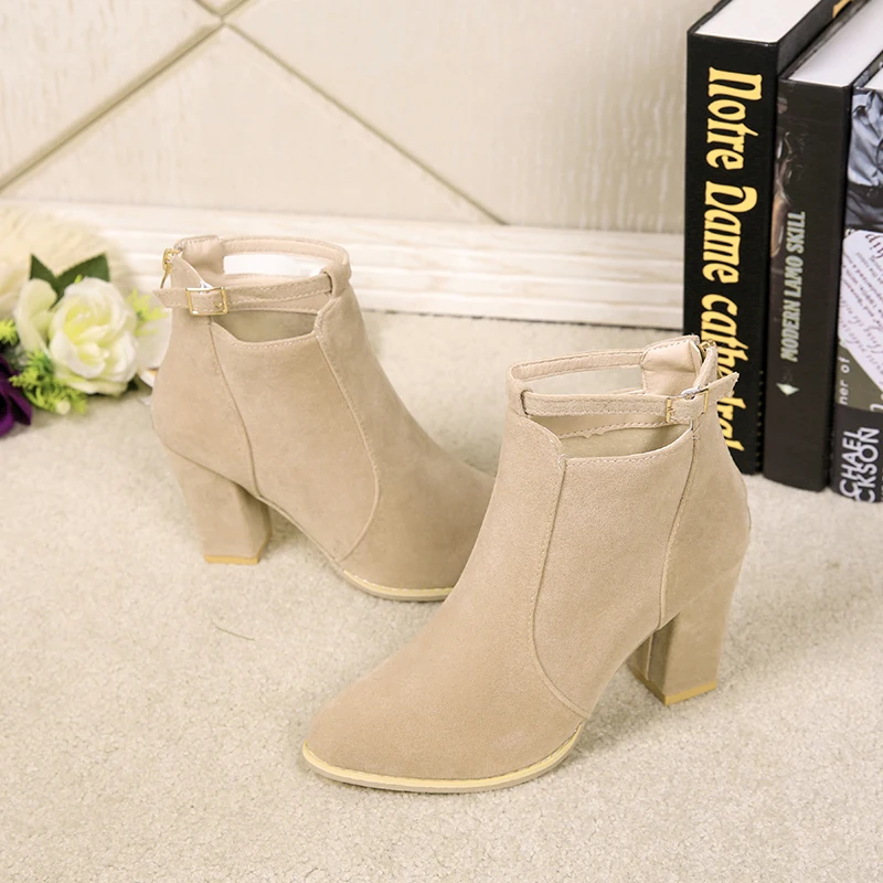 Ankle Boots Women Winter Shoes Women Fashion Suede Leather Buckle Boots High Heel Ladies Shoes Warm Zipper Ankle Boots for Women