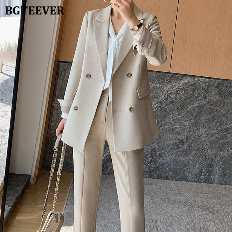 BGTEEVER Elegant Women Trousers Suits Long Sleeve Double Breasted Female Jacket & Irregular Pants Autumn Winter Women Set 2021