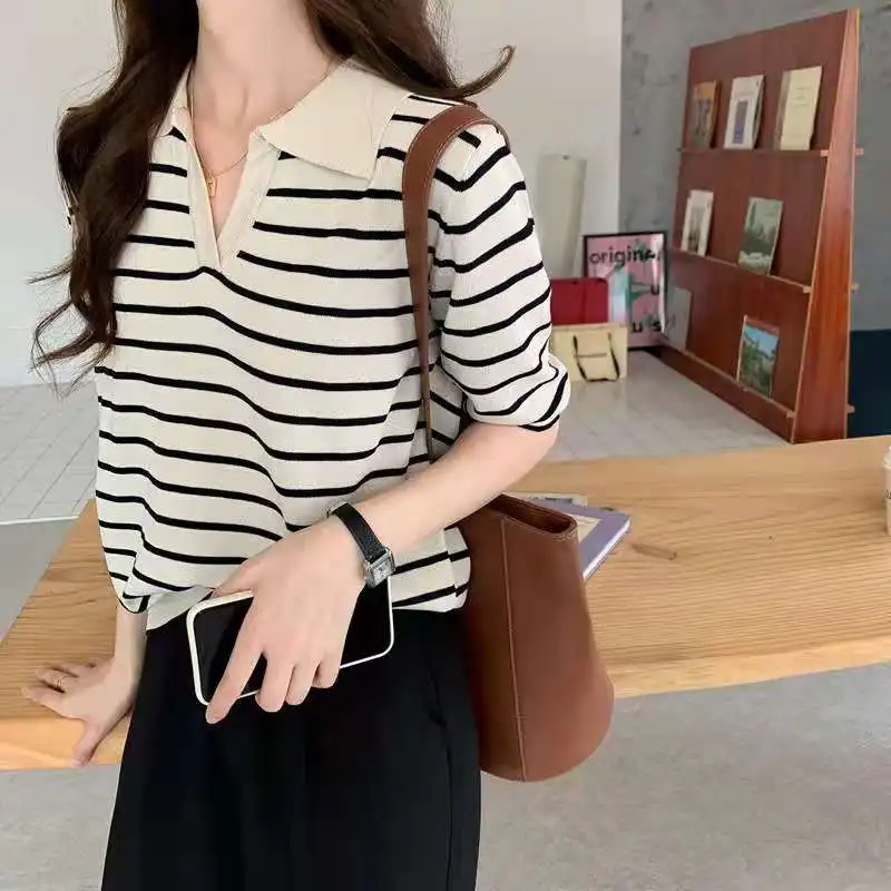 Women Summer Causal Short Sleeve T-Shirts Chic Korean Striped V-Neck Polo Knitted Pullovers For Female Loose All-Match Tops