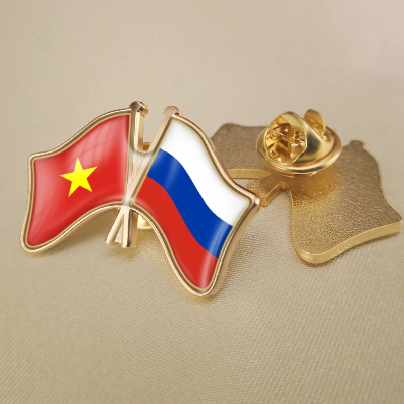 Russian Federation and Vietnam Crossed Double Friendship Flags Lapel Pins Brooch Badges