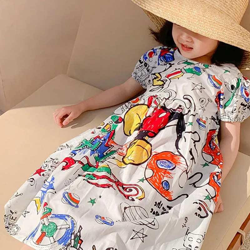 Girls Summer Dress Fashon Open Back Cartoon Graffiti Color Dress Princess Dress Baby Kids Clothes Novelty Children'S Clothing