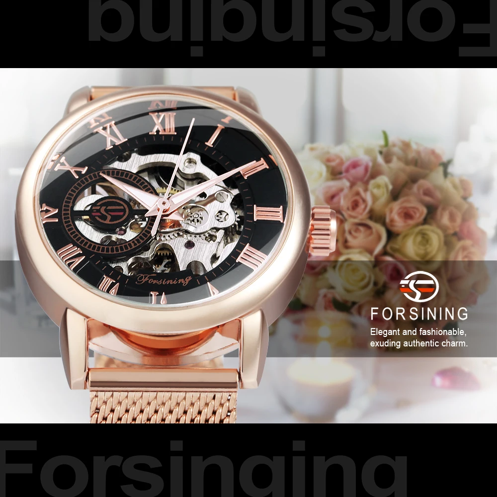 Forsining Rose Gold Skeleton Mechanical Watch for Women Fashion Luminous Hands Elegant Luxury Ladies Watches Mesh Steel Strap