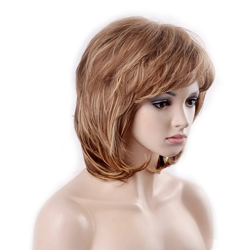 HAIRJOY Women  Short Layered Fluffy Curly Heat Resistant Synthetic Hair Wigs Brown Highlight Bob Wig with Bangs