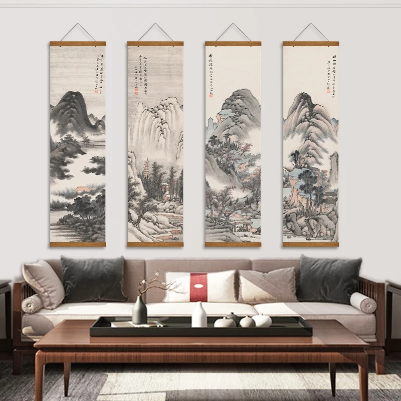 Chinese Style Ink Painting Alpine Canvas, Decorative Painting, Bedroom Wall Art Posters, Solid Wood Scroll Paintings,