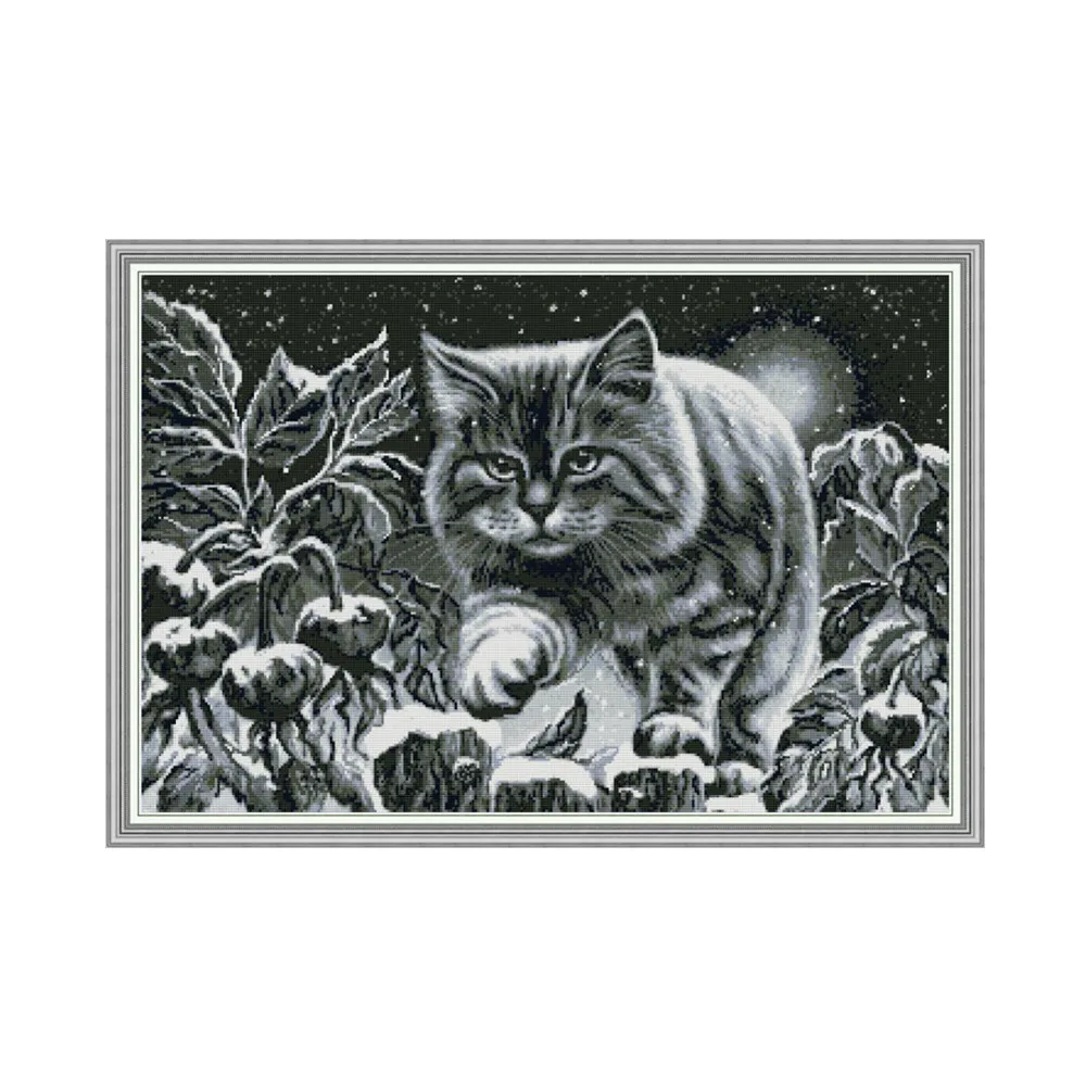 Clear stock Black cat on snowy night cross stitch kit aida 14ct 11ct count stamped stitches needlework embroidery DIY handmade