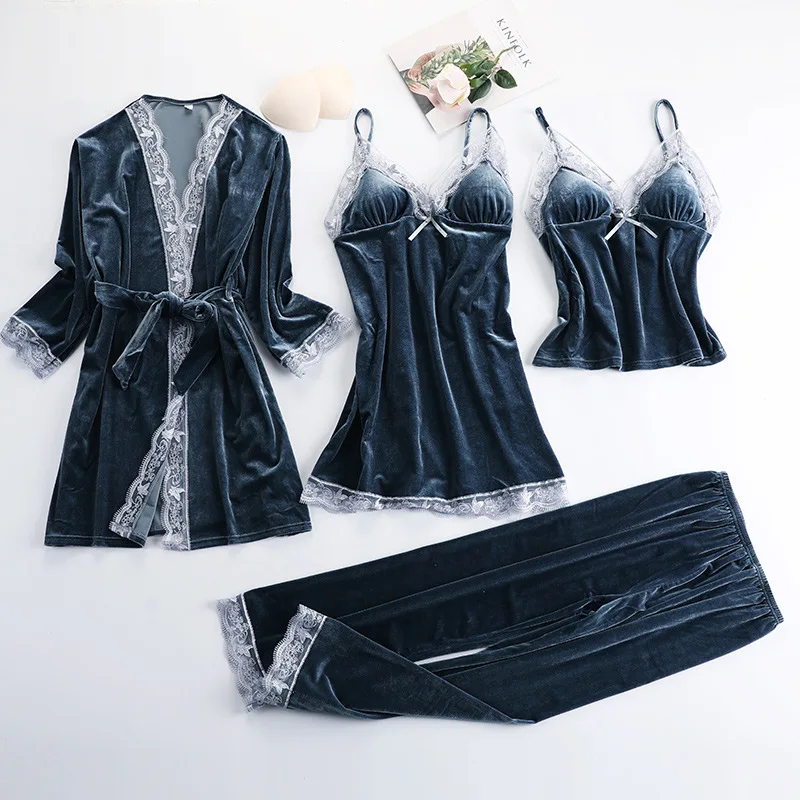 2022 Black Lace Gold Velvet 4 Pieces Women Warm Winter Pajamas Sets With Pants Sexy Robe Pajamas Sleepwear Sleeveless Nightwear