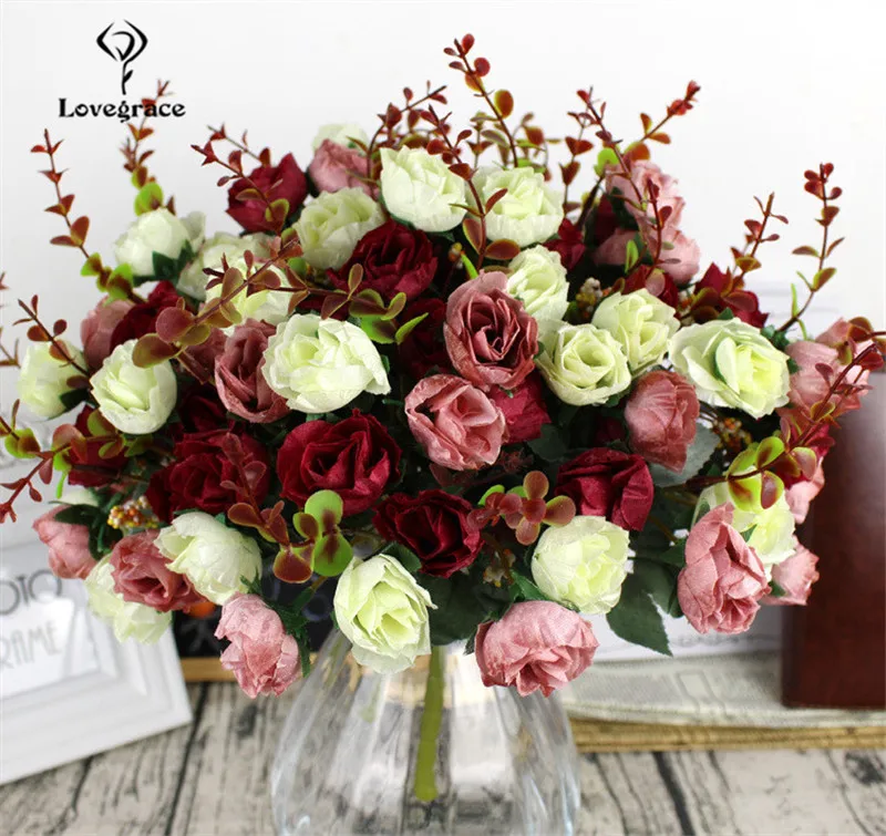 21 Heads Vivid Rose Artificial Flowers Bouquet Diamond Shining Rose Silk Fake Flowers Wedding Home Decoration Faux Flore Wedding