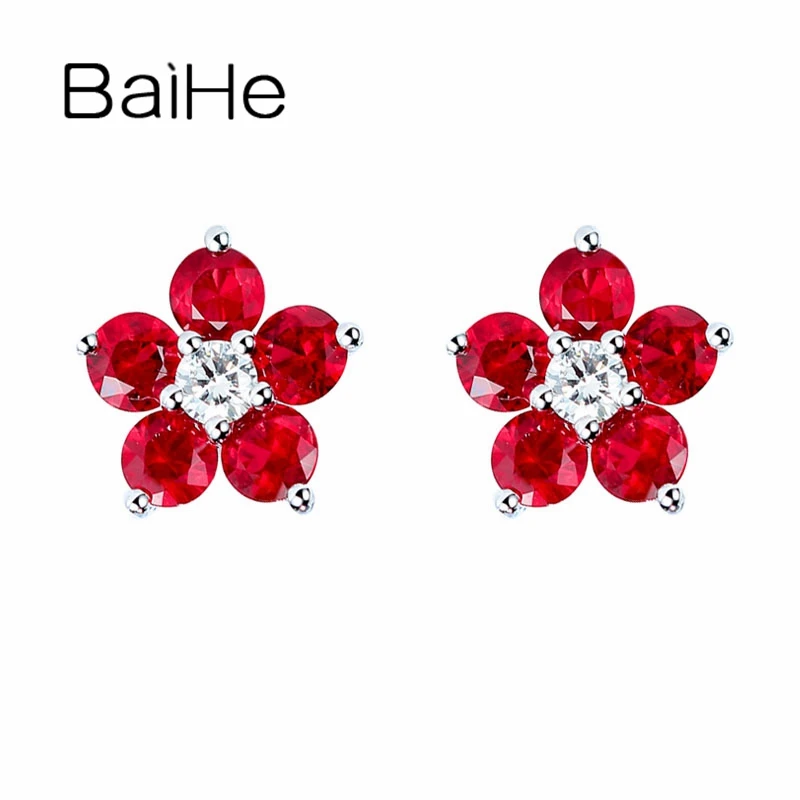 

BAIHE Solid 14K White Gold Natural Ruby Diamond Flower Stud Earrings Women Fine Jewelry Making Aretes de flores kukkakorvakorut