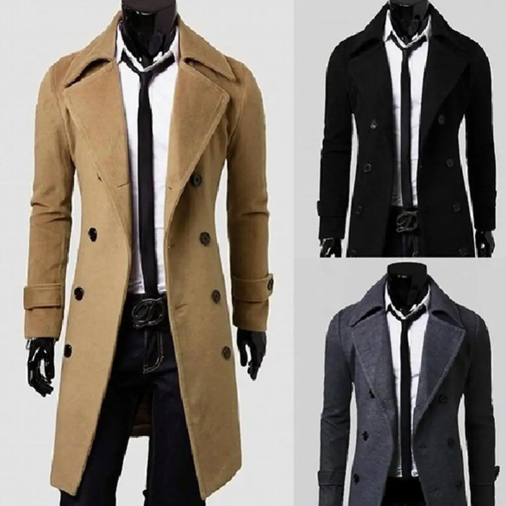 Mannen Trench Effen Kleur Lange Mouw Revers Overjas Slim Past Jas Bovenkleding Mannenjassen Streetwear Пальто Мужское