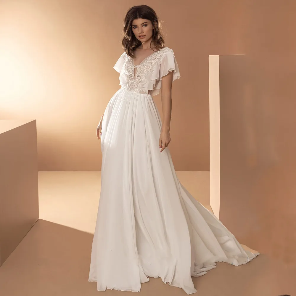 Boho Fledermaus Ärmel Brautkleid V-Ausschnitt Brautkleider Pailletten Applikationen Chiffon offenen Rücken maßge schneiderte A-Linie Robe de Mariee 2024