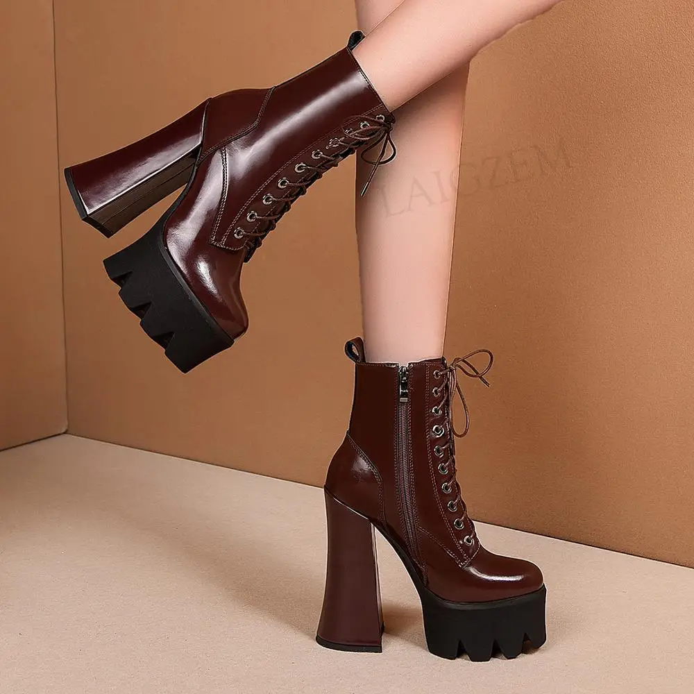 LAIGZEM Top Women Ankle Booties REAL LEATHER Side Zip Thick Chunky High Heels Boots Height Increasing Shoes Woman Size 38 39 40