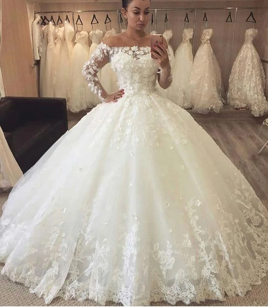 Angelsbridep abito da ballo con scollo a barchetta abito da sposa maniche lunghe fiori 3D Tulle abiti da sposa bohémien formali abiti da sposa