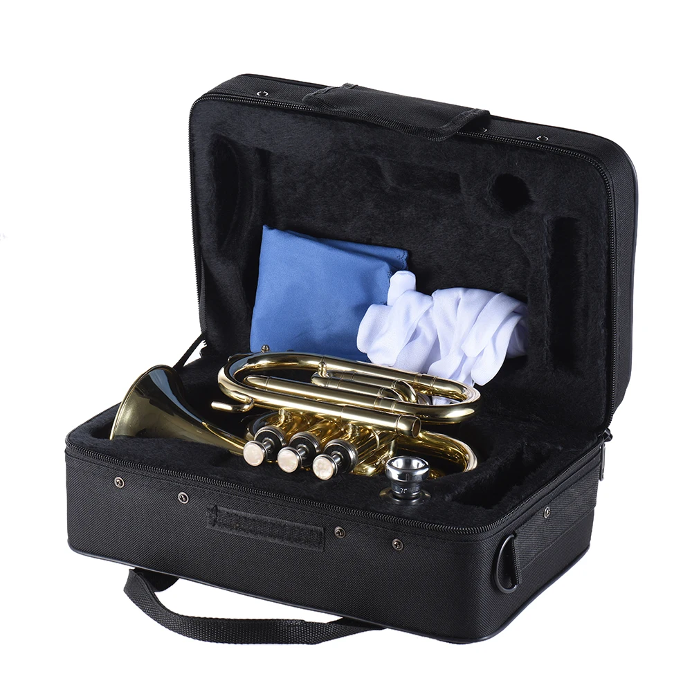 ammoon Mini Pocket Trumpet Bb Flat Brass Wind Instrument with Mouthpiece Gloves Cleaning Cloth Carrying Case