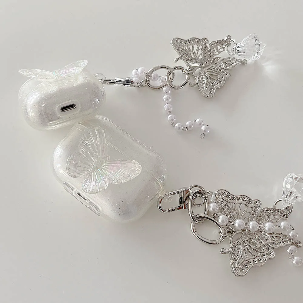 3D Bướm Dễ Thương Funda Cho Airpods Pro 2 Ốp Lưng Mềm Mại Trong Suốt Tai Nghe Chụp Tai Accessorie Dành Cho Không Khí Quả 1 2 3 ốp Lưng Mặt Dây Chuyền Dây Đính Ngọc Trai