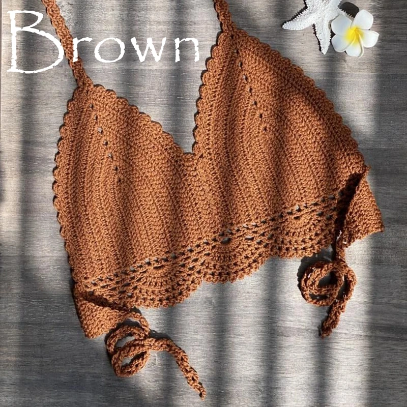 2021 New Bikini Top Handmade Crochet Women Boho Beach Bralette Solid Halter Knitted Swimsuit Brazilian Bikinis Bathing Suit Top