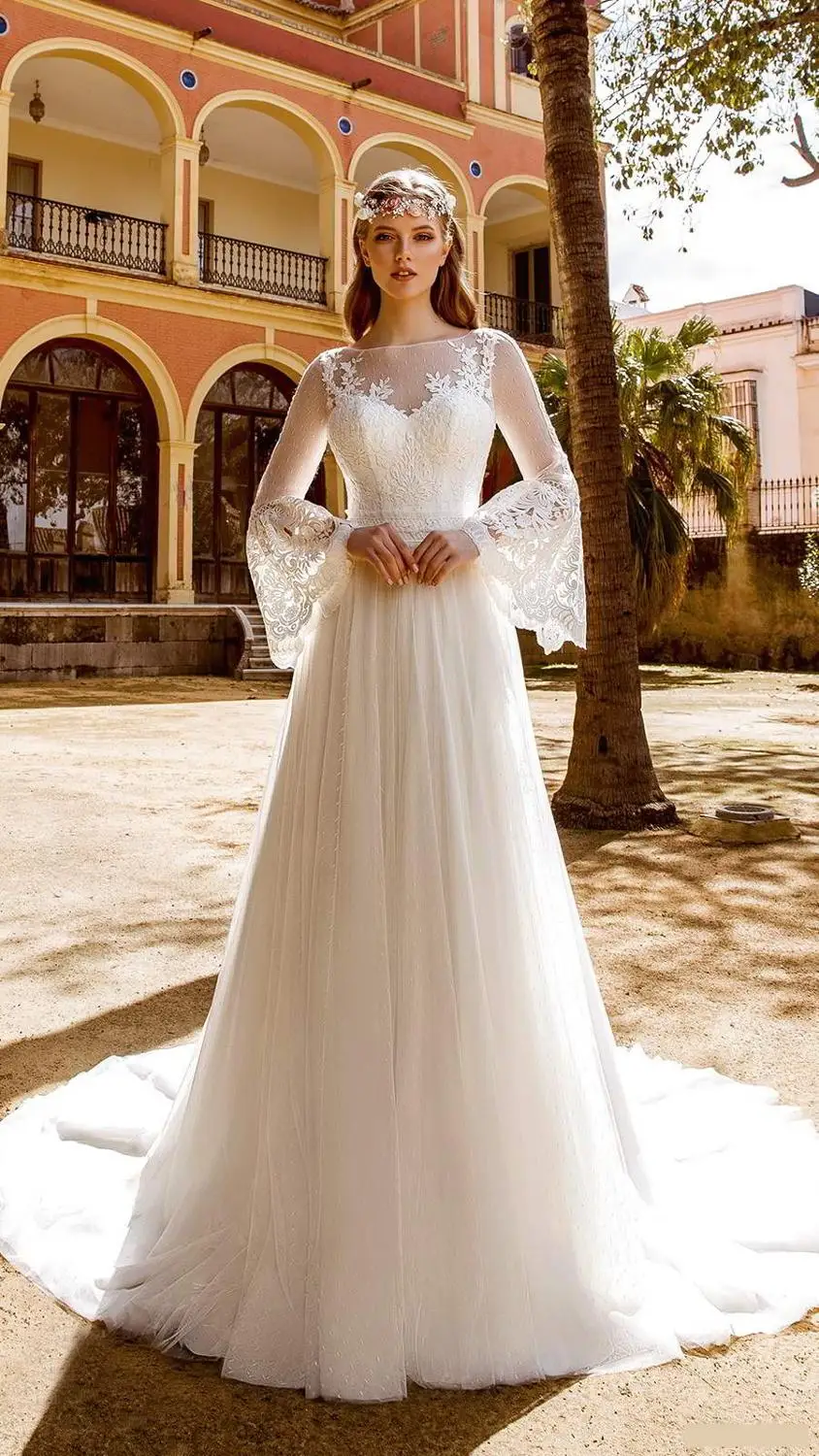 Vestidos de novia con cuello redondo, manga larga, apliques de encaje, vestidos de novia, vestidos de novia hechos a medida, tren de barrido con espalda hueca, novedad de 2020