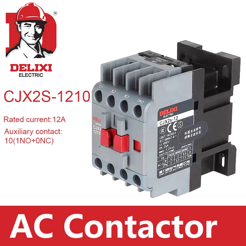 CJX2s-1210 AC Contactor DELIXI 12A 3 Poles NO Coil Voltage 24V 36V 110V 220V 380V 50Hz Din Rail Mounted