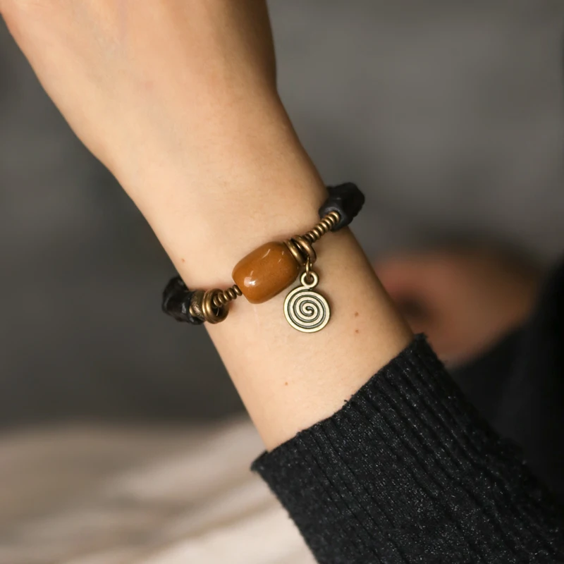 Hand Carved Strip Ebony Vintage Copper Bracelet Concave Convex Texture Black Wood Jewelry Men Women Ward Off Evil Bangle